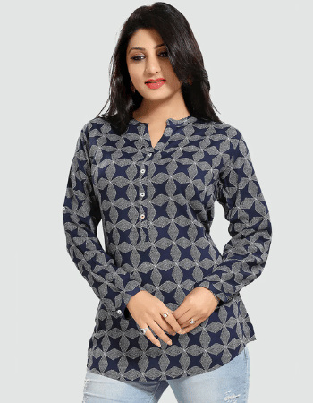 Blue Printed Long Sleeve A-Line Kurti