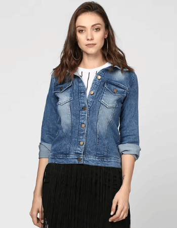 Blue Solid Washed Denim Jacket