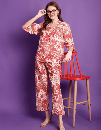 Red Printed Cotton Pyjama Nightwear Set