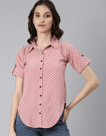 Women Dusty Pink Polka Dots Crepe Regular Shirt