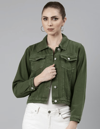 Women Green Solid Denim Jacket