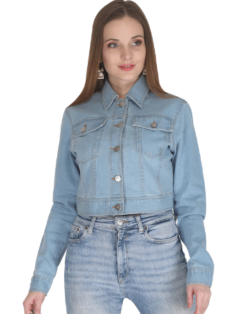 Women Light Blue Solid Denim Jacket