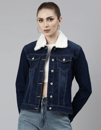 Women Navy Blue Solid Denim Jacket