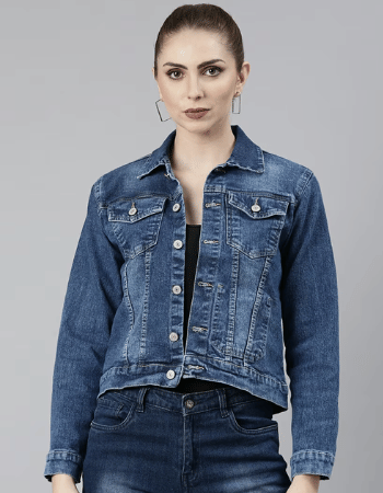 Women Navy Blue Solid Denim Jacket