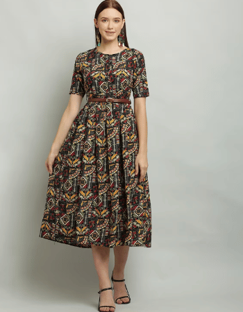 Women Round Neck Printed Fit & Flare Dress