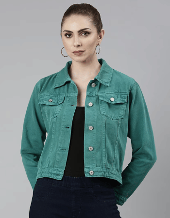 Women Turquoise Solid Denim Jacket