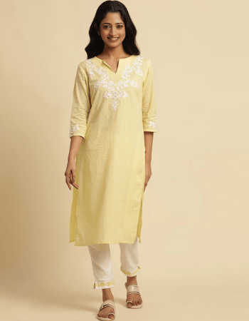 Yellow Embroidered Straight Kurta